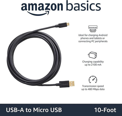 Amazon Basics 5-Pack USB-A to Micro USB Charging Cable, 480Mbps Transfer Speed with Gold-Plated Plugs, USB 2.0, 10 foot, Black