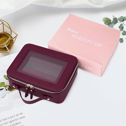Pinkmik Clear Makeup Bag with Brush Bag 3pcs Waterproof Travel Case for Cosmetics and Toiletries Women's Makeup Organizer with Zipper (X/Burgundy, L+M+SLIM)