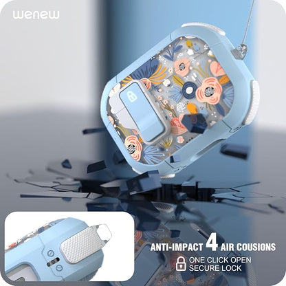 WENEW for AirPods Pro 3 Case (2025) Cover Secure Lock Automatic Snap Switch Clip Cleaner Kit Lanyard Women Stylish Flower Hard Shell Full Body Front LED Visible (Blue Flower, AirPods Pro 3)