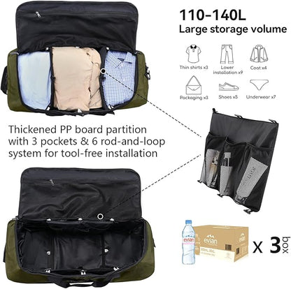 Vomgomfom Wheeled Collapsible Duffel Bag,110L-140L Expandable Checked Luggage, No-Telescopic-Handle with Anti-Burst Zipper & Reinforced Frame,Army Green