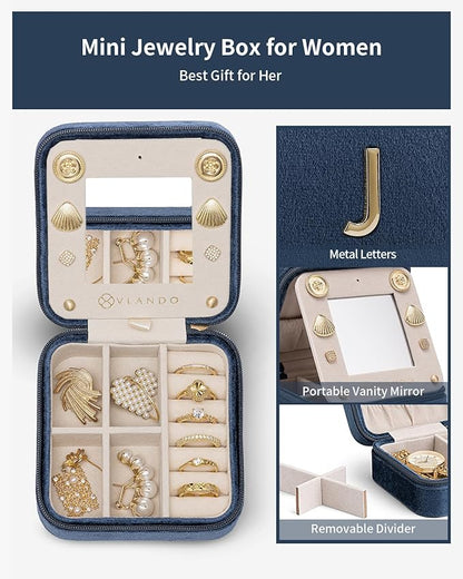Vlando Birthday Gifts for Women Friendship, Personalized Initial Jewelry Box, Friendship Gifts for Women Friends, Travel Essentials Small Jewelry Box, Travel Box for Girls - Letter J, Dark Blue