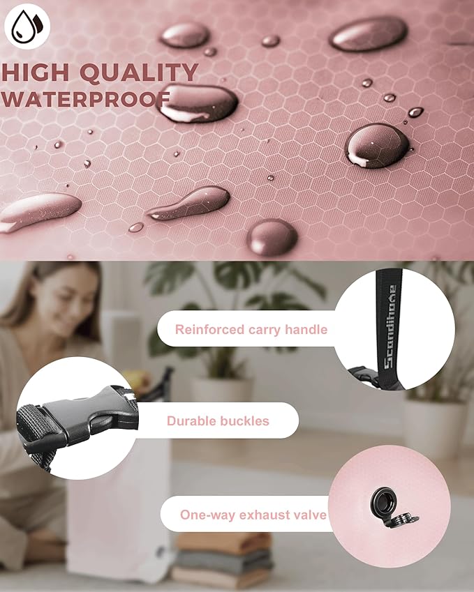 Travel Laundry Bag, Pump Free Vacuum Storage Bag Reusable Compression Dirty Clothes Travel Bag Waterproof Wet Dry Bags Large Capacity Space Saver Bags Camp Clothes Organizer (1 Pcs)(Pink, L)