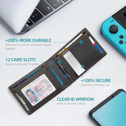 Zitahli Money Clip Wallets for Men,Slim Bifold Wallet 10-12 Cards, Mens Leather Wallet with ID Window,RFID Blocking Thin Minimalist Credit Card Holder,Gifts for Him