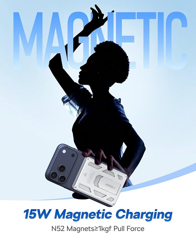 VEGER Portable Charger, Magnetic Power Bank with Phone Stand, Card Slot RFID Blocking, Global Tracking, 20W USB-C Fast Charging Powerbank, 15W Wireless Battery Pack for iPhone17/16/15/14/13/12 White