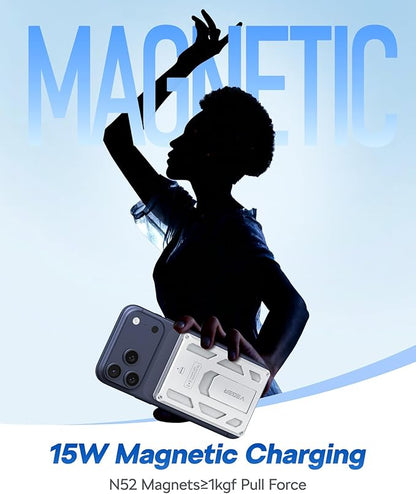 VEGER Portable Charger, Magnetic Power Bank with Phone Stand, Card Slot RFID Blocking, Global Tracking, 20W USB-C Fast Charging Powerbank, 15W Wireless Battery Pack for iPhone17/16/15/14/13/12 White