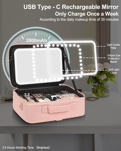 Chomeiu Makeup Bag with LED Mirror, Large Train Case for Makeup Artists, 16.2 inches Travel Professional Cosmetic Organizer with Light Up Mirror, 3 Color Lights, Brush Holder & Shoulder Strap (Pink)
