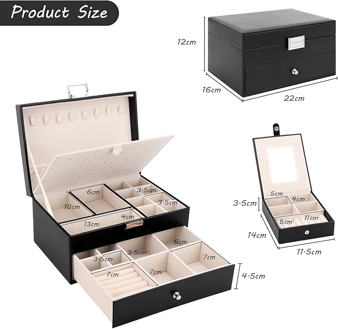 DesignSter Jewelry Organizer Box, 2 Layers Large Jewelry Box with Travel Jewelry Case, Leather Jewelry Storage Case for Rings Earrings Bracelets Necklaces (Black)