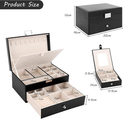 DesignSter Jewelry Organizer Box, 2 Layers Large Jewelry Box with Travel Jewelry Case, Leather Jewelry Storage Case for Rings Earrings Bracelets Necklaces (Black)