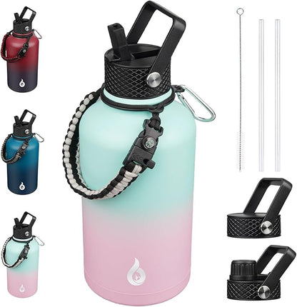 BJPKPK Half Gallon Insulated Water Bottles with 3 Lids and Paracord Handle, 50oz, 64oz, 87oz, 128oz Large, Stainless Steel Water Bottles with Straw Lid, Half Gallon Water Jug,Marshmallow