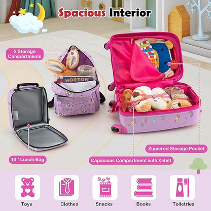 Goplus 5 Piece Kid’s Luggage Set, 16” Carry on Suitcase w/13” Backpack, Neck Pillow, Hardside Spinner Toddler Luggage, Travel Rolling Suitcase for Boys Girls Gifts (Pink, Unicorn)