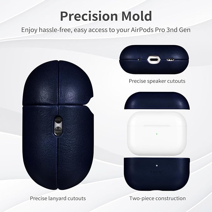 Belemay Handcrafted Full-Grain Vegetable-Tanned Leather Case for AirPods Pro 3rd Gen (2025), Classy Two-Tone Effect, Natural Patina, Compatible with MagSafe, Compatible with Airpods Pro 3, Navy Blue