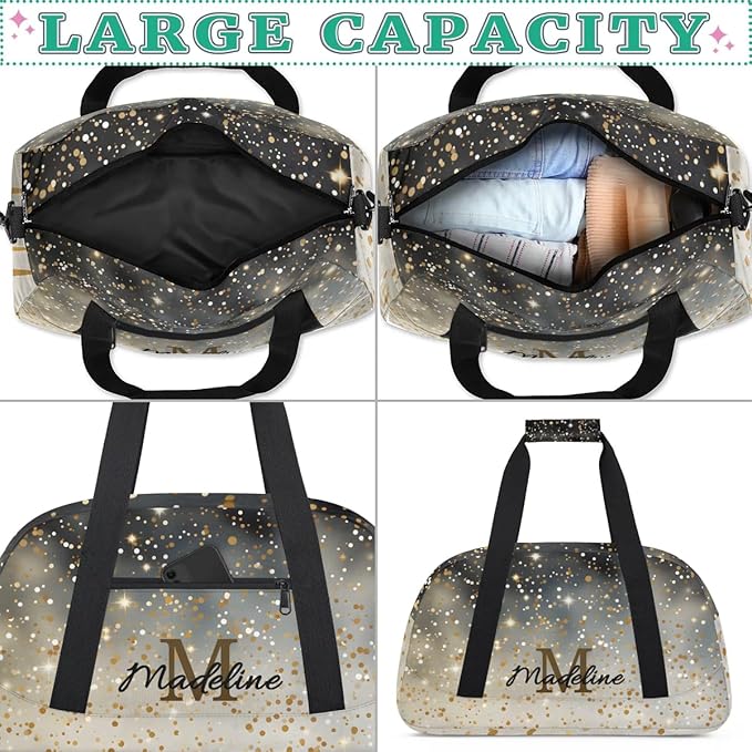 Personalized Kids Sports Duffel Bag with Name Custom Weekender Overnight Bag for Boys Girls Gym Bag Travel Dance Gymnastics Duffel Bag, Black Glitter Yellow Shiny