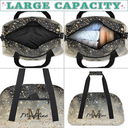 Personalized Kids Sports Duffel Bag with Name Custom Weekender Overnight Bag for Boys Girls Gym Bag Travel Dance Gymnastics Duffel Bag, Black Glitter Yellow Shiny
