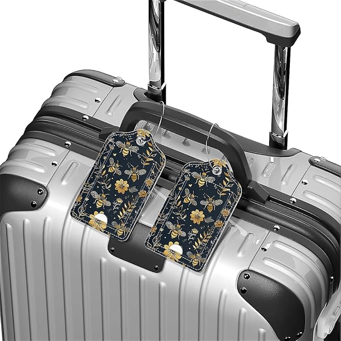 Funny PU Leather Luggage Tags 2-Pack Suitable for Suitcase Stainless Steel Loop and Address Card Essential with Cruise and Airport Travel Vintage Yellow Bee Floral Cute Pattern