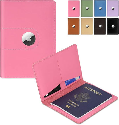 Genuine Leather Passport Holder for Travel Passport Covers with AirTag Slot Passport Wallets for Men Women Family Travel Christmas Gifts, Mens Womens Passport Holder, Pink