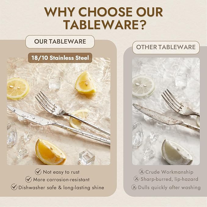 KINGSTONE 60-Piece Silverware Set, 18/10 Stainless Steel Flatware Cutlery Set with Hexagon Handle, for Hotel, Home, Party, Wedding Gift, Mirror Polish and Dishwasher Safe