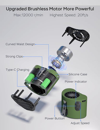 Portable Waist Fan, 10000mAh Battery Operated, Rechargeable Clip On Belt, 10 Speed, 12000RPM Strong Airflow, Max 24H Working Time, Personal Shirt fan for Outdoor Work Jobsite Farms