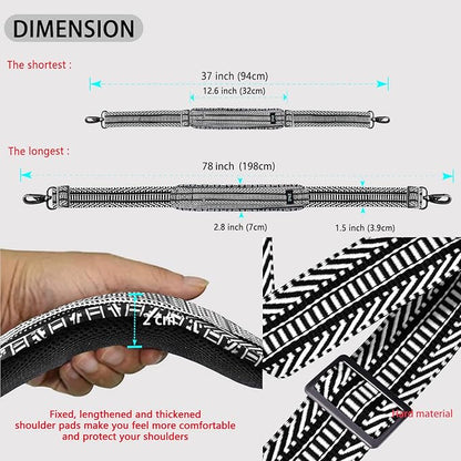 Shoulder Strap 78" Universal Handbag Strap with Ultra-thick Fixed Padded and Dual Balanced Adjustable Buckles Shoulder Crossbody Strap for Briefcase Messenger Bag Laptop bag Luggage，BK&White Jacquard