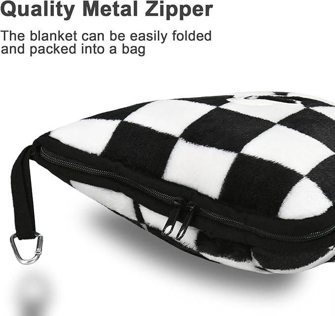 Travel Blanket and Pillow Compact, Premium Soft 2 in 1 Airplane Blanket with Soft Bag Pillowcase，Hand Luggage Sleeve and Backpack Clip (Checkered Black)