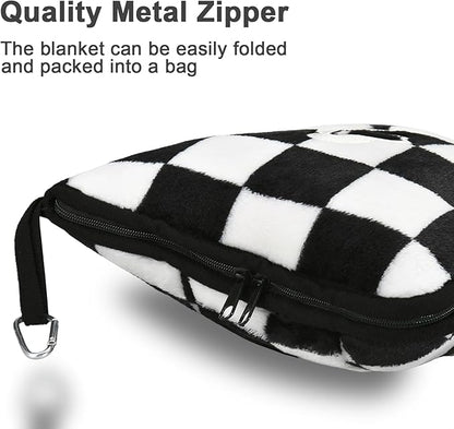 Travel Blanket and Pillow Compact, Premium Soft 2 in 1 Airplane Blanket with Soft Bag Pillowcase，Hand Luggage Sleeve and Backpack Clip (Checkered Black)