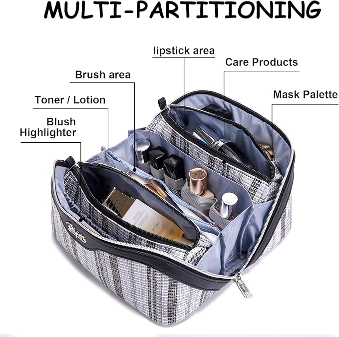 BOYATU Travel Makeup Bag for Women: Large Capacity Open Flat Make up Bag Set of 3 - Vegan Leather Cosmetic Bag with Compartments - Waterproof Toiletry Bag with Handle & Divider(I-2-Black)