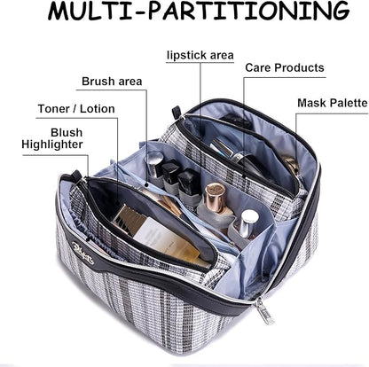 BOYATU Travel Makeup Bag for Women: Large Capacity Open Flat Make up Bag Set of 3 - Vegan Leather Cosmetic Bag with Compartments - Waterproof Toiletry Bag with Handle & Divider(I-2-Black)