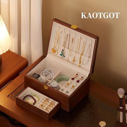 Wooden Jewelry Box For Women Jewelry Organizer Box With Lock 2 Layer Jewelry Holder Organizer For Necklace Ring Earring