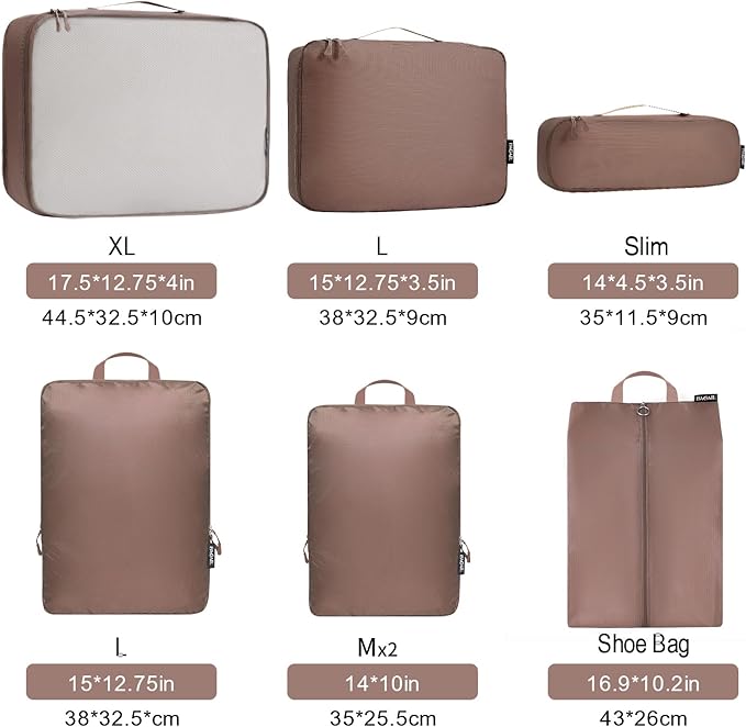 Bagail Ultralight Compression Cubes 7 Set - 3 Packing Cubes, 3 Organizers, and 1 Shoe Bag