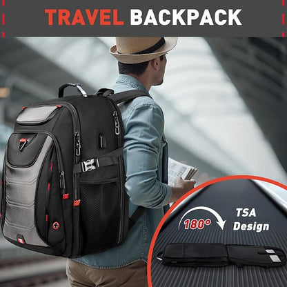 Z-MGKISS Large Travel Backpack, 18.4 Inch Laptop backpack for men, Business Work Bag with USB Charging Port, Water Resistant, Extra large Backpacks, TSA Flight Approved, Grey