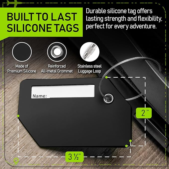 Untethered Ultimate Travel Set: 4 Premium Luggage Straps and 4 Silicone Tags - Secure & Identify Your Bags with Ease (Black + Tags)