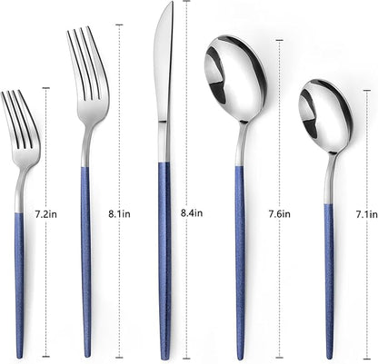Mirror Silver Blue Silverware Set, 20-Piece Stainless Steel Flatware Set, Satin Finish tableware Cutlery Set, Service for 4, Home and Restaurant, Dishwasher Safe