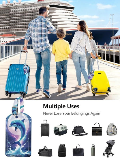 Luggage Tags Built-in Anti-Loss Tracker, Luxury Leather Luggage Tags for Suitcase, Travel Bags, Backpacks, Travel Organizer for Lost Baggage Prevention (Moon Dolphin)