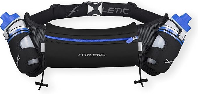 Fitletic Hydration Running Belt with Water Bottles for Men & Women – 2 Quick Flow 8oz Running Water Bottles, Patented Bounce Free Design, Water Resistant Pouch Fits All Phones – Hydra 16