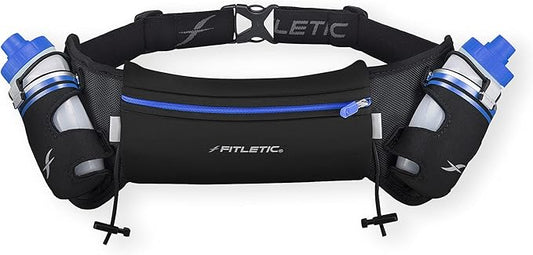 Fitletic Hydration Running Belt with Water Bottles for Men & Women – 2 Quick Flow 8oz Running Water Bottles, Patented Bounce Free Design, Water Resistant Pouch Fits All Phones – Hydra 16
