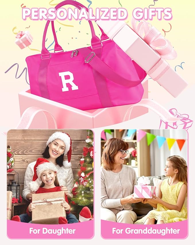 Overnight Bag for Kids Teen Girls Weekender Dance Bag Birthday Graduation Gifts,Initial Travel Duffel Bag Sports Gym Bag Personalized Weekender Bag Carry On Bags Preppy Gifts for Women(Hot Pink, R)