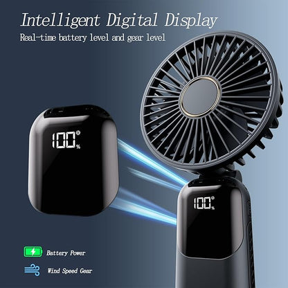 Portable Fan, 4200mAh Battery Operated Fan, 5 Speeds&Digital Display, Makeup Fans for Women with Base, 180°Foldable 3in1 Handheld/Neck/Desk Fan for Outdoor Indoor,Ultra Quiet (Black white)