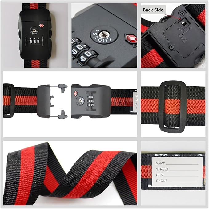 Travel Luggage Strap Adjustable Suitcase Packing Belt with TSA Combination Lock(Red+Black 2 Pack)