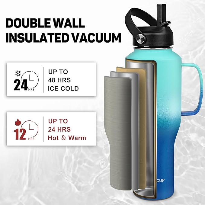 Water Bottle 40oz, Insulated Water Bottle with Handle & Straw Lids, Stainless Steel Water Bottle Fits in Any Car Cup Holder, Travel Cup Double Wall BPA-Free Leak-proof to Keep Cold &Hot