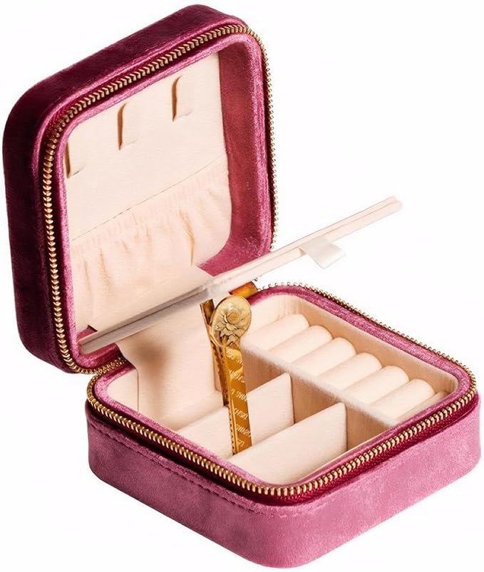 Velvet Jewelry Box, Small Travel Jewelry Organizer, Portable Jewelry Case for Women with Mirror, Lilac Mini Plush Travel Box