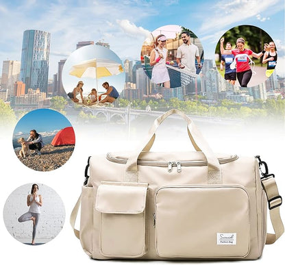 Sports Gym Bag with Shoes Compartment Travel Duffel Bag with Dry Wet Separated Pocket for Men and Women, Overnight Bag Weekender Bag Training Handbag Yoga Bag - Off White