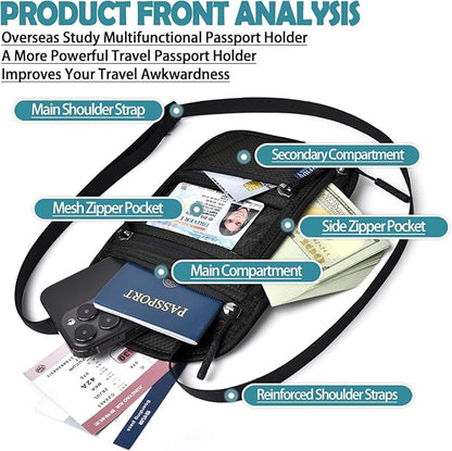 RFID Blocking Travel Neck Wallet–Hidden Passport Holder & Anti-Theft Money Pouch for Men & Women, Lightweight Concealed Travel Organizer with Adjustable Strap Secure Document