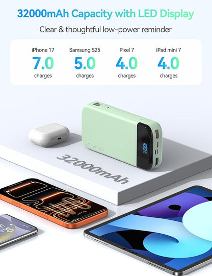 Portable Charger Power Bank 32000mAh with Built in Cables, PD3.0 USB C Fast Phone Charger, 5 Outputs LCD Display Travel Battery Pack Compatible with iPhone, Samsung All Cell Phones (Green)