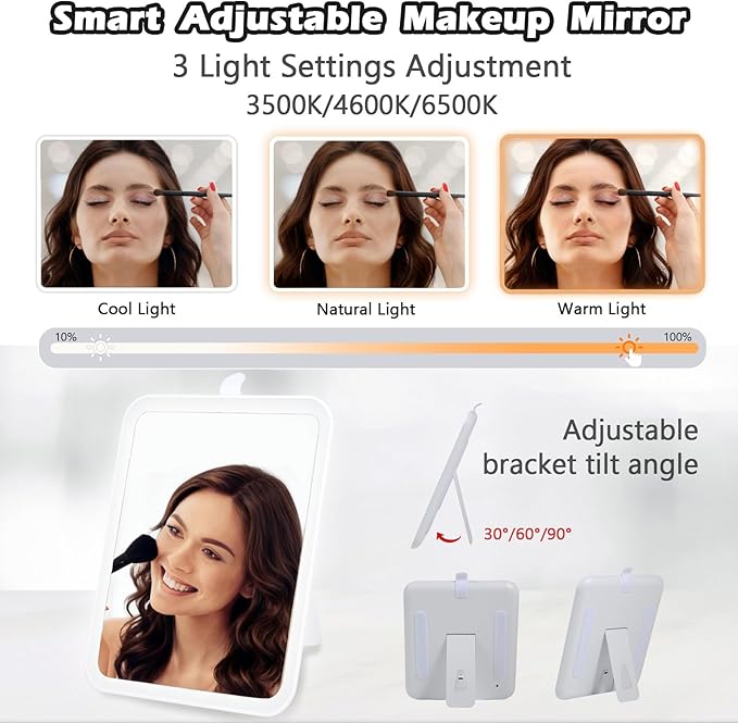 Travel Makeup Bag with Light Up Mirror, Portable Makeup Bag with Led Light Women Waterproof Makeup Travel Case adjustable dividers Rechargeable Vanity Mirror with 3 Color Lights (NO Shoulder Strap)