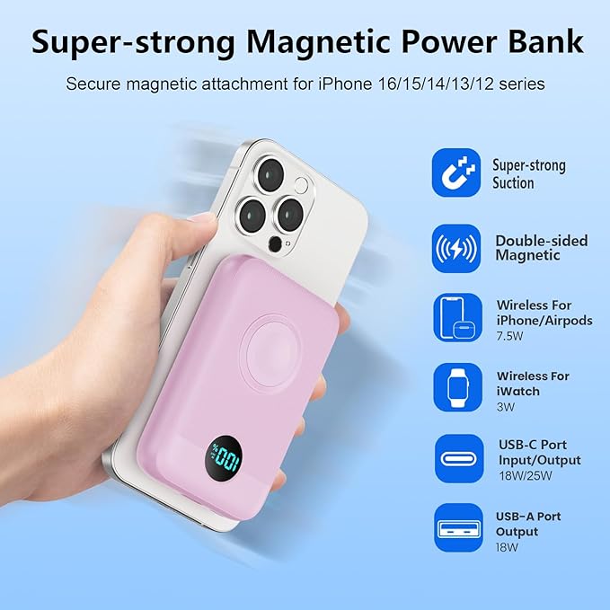 Magnetic Portable Charger for iPhone,10800mAh 4-in-1 Power Bank with iWatch Charger,25W PD Fast Charging Battery Pack for Magsafe,iPhone 17/16/15/14/13/12 Series,Apple Watch,Travel Essential,Pink