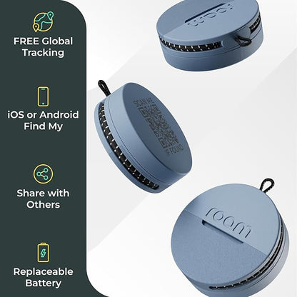 Roam Smart Tracker | Family-Friendly Eco Tracker for Keys, Bags & Kids’ Gear | Works with iOS & Android | Built-in Strap, QR Lost & Found | Replaceable Battery | No Extra App | 1-Pack, Blue