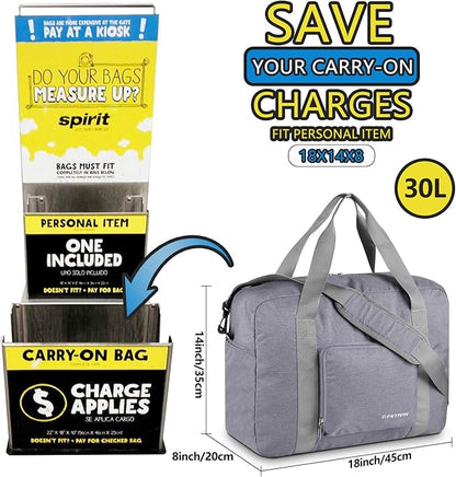 For Spirit Airlines Personal Item Bag 18x14x8 Foldable Travel Duffel Bag Underseat Carry-on Luggage for Women and men 30L(Grey)