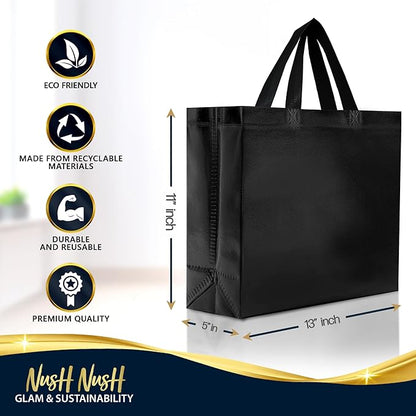 Nush Nush Set of 30 Black Gift Bags Bulk - Shiny Black Reusable Large Gift Bags with Handles - Ideal for Small Business, Big Parties and Events, Corporate Gifts, Halloween, Christmas Gifts - 13x5x11