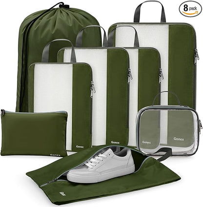 Gonex 8 Set Compression Packing Cubes for Travel, Expandable Mesh Packing Organizer for Travel Accessories Essentials with Toiletry Bag, Laundry Bag, Shoe Bag, Cable Bag for Carry On, Deep Green