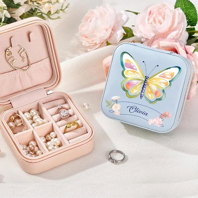 Getname Necklace Custom Name Butterfly Travel Jewelry Case Personalized Travel Jewelry Box with Name Watercolor Butterfly Small Jewelry Box Portable Jewelry Organizer