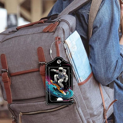 Funny PU Leather Luggage Tags 2-Pack Astronaut Surfing Space Cute Pattern Suitable for Suitcase Stainless Steel Loop and Address Card Essential for Cruise and Airport Travel for Men and Women